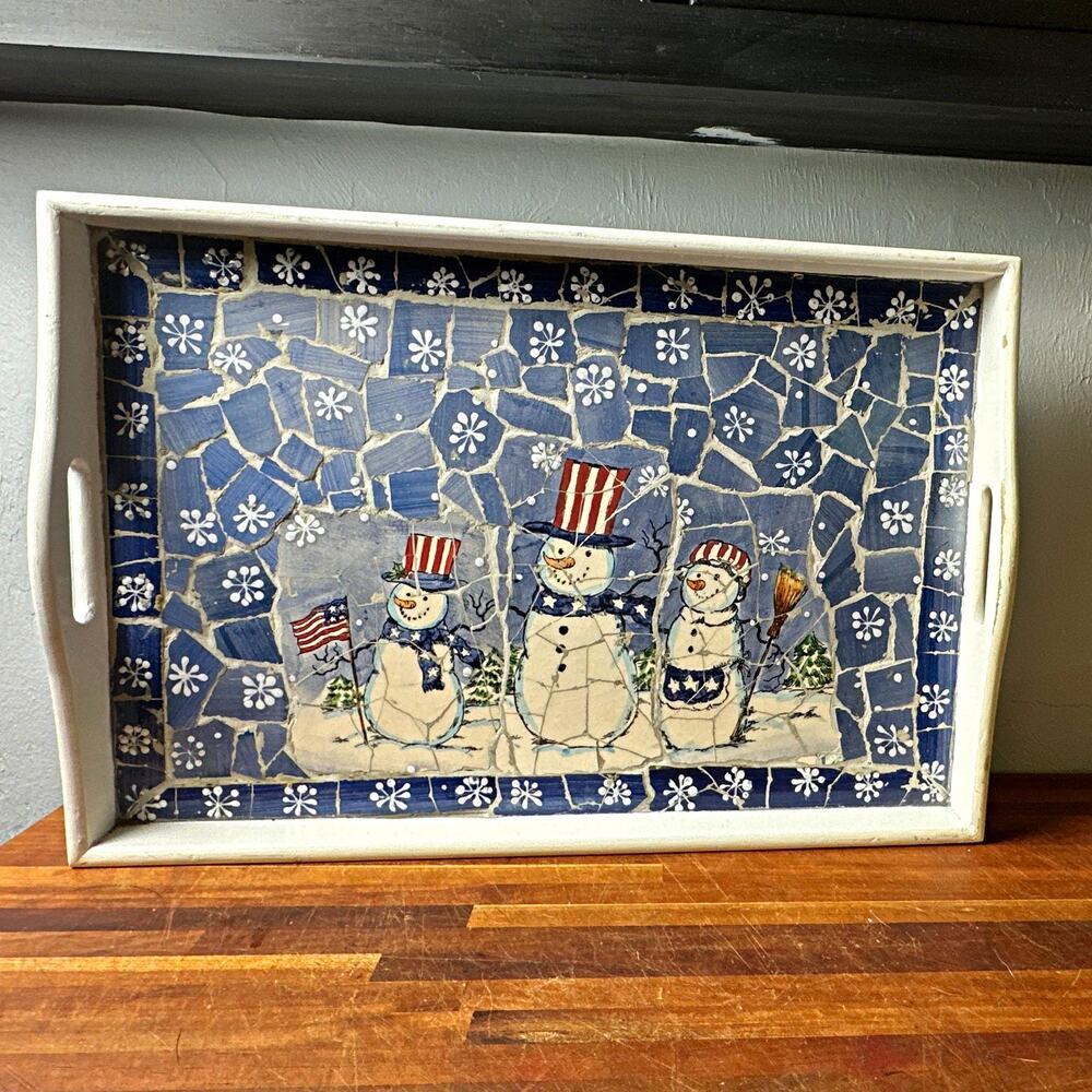 Ceramic Mosaic & Wood Patriotic Christmas serving tray. 19X13 With handles, read
